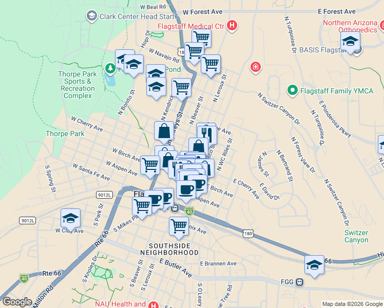 map of restaurants, bars, coffee shops, grocery stores, and more near 6 West Cherry Avenue in Flagstaff