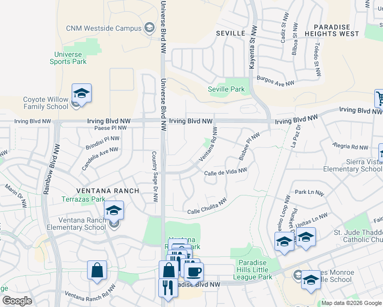 map of restaurants, bars, coffee shops, grocery stores, and more near 6439 Los Pueblos Place Northwest in Albuquerque