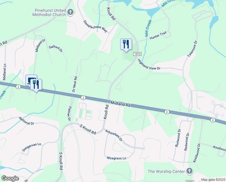 map of restaurants, bars, coffee shops, grocery stores, and more near 340 Magnolia Circle in Southern Pines
