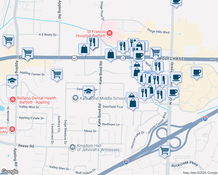 map of restaurants, bars, coffee shops, grocery stores, and more near 7873 Deer Cove in Memphis