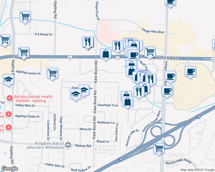 map of restaurants, bars, coffee shops, grocery stores, and more near 7864 Deer Cove in Memphis