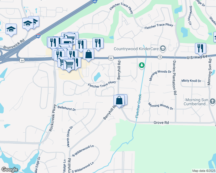 map of restaurants, bars, coffee shops, grocery stores, and more near 9202 Fletcher Wood Drive in Memphis