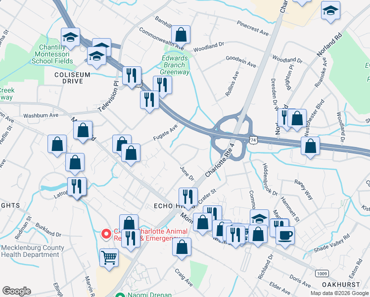 map of restaurants, bars, coffee shops, grocery stores, and more near 929 Cardinal Drive in Charlotte