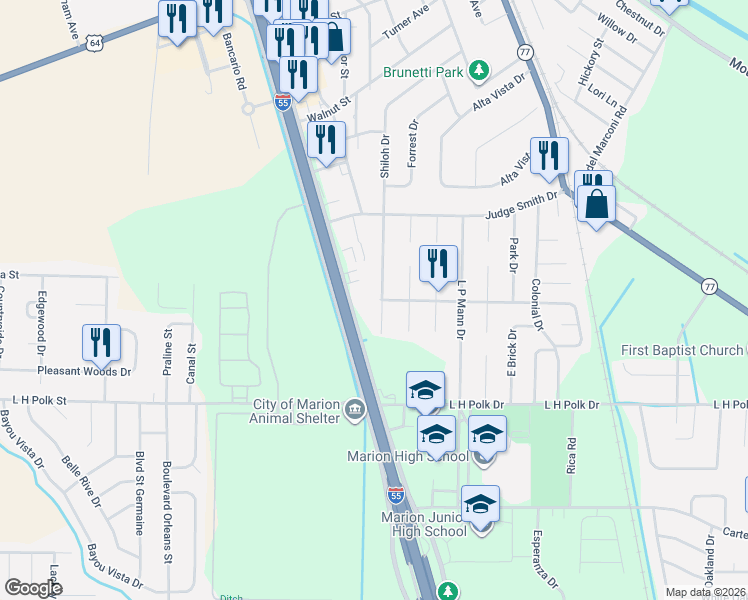 map of restaurants, bars, coffee shops, grocery stores, and more near 435 Shiloh Drive in Marion