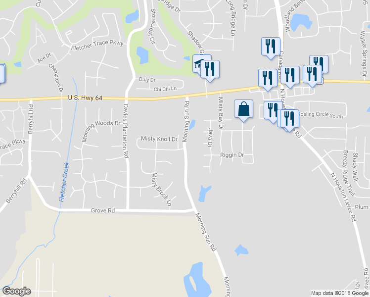map of restaurants, bars, coffee shops, grocery stores, and more near Morning Sun Rd & Morning Shadow Dr in Memphis