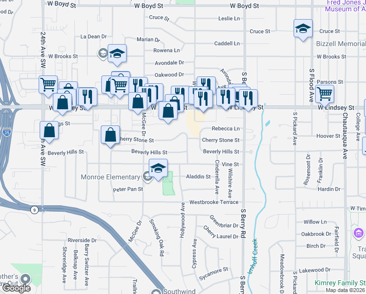 map of restaurants, bars, coffee shops, grocery stores, and more near 1422 Hollywood Avenue in Norman