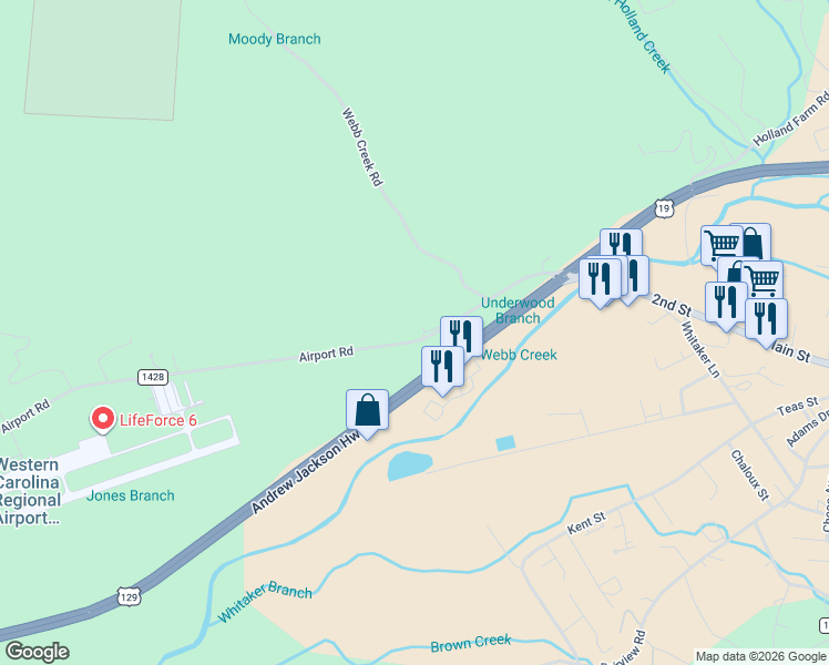 map of restaurants, bars, coffee shops, grocery stores, and more near 6784 Airport Road in Andrews
