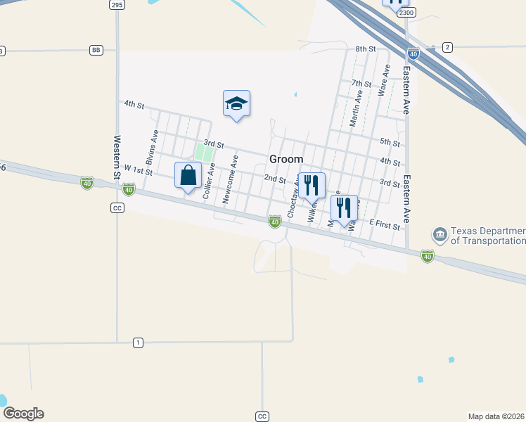 map of restaurants, bars, coffee shops, grocery stores, and more near 85 Broadway Avenue in Groom