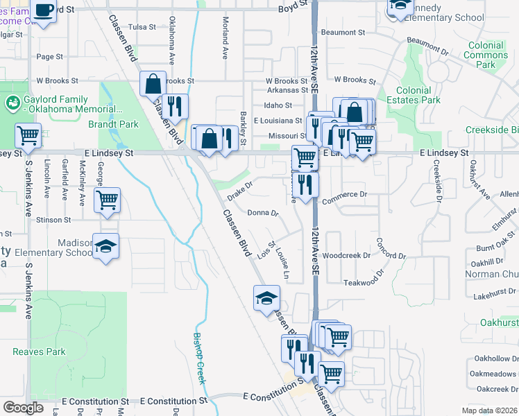 map of restaurants, bars, coffee shops, grocery stores, and more near 2246 Donna Drive in Norman