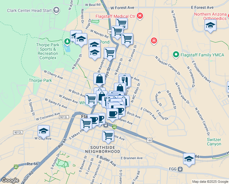 map of restaurants, bars, coffee shops, grocery stores, and more near 6 West Cherry Avenue in Flagstaff