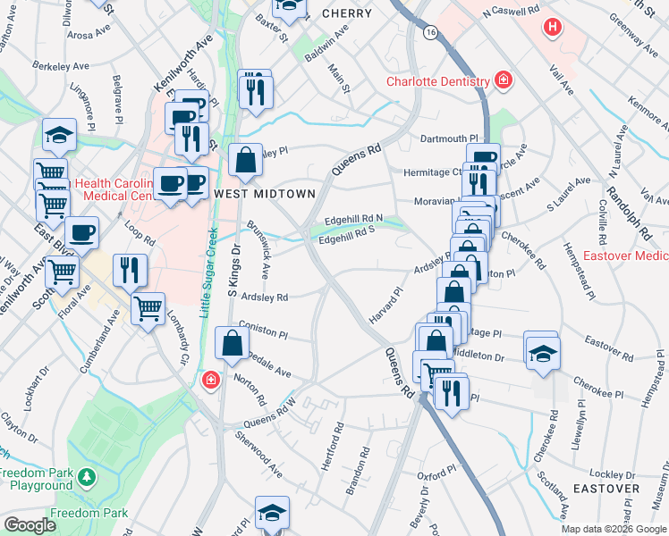 map of restaurants, bars, coffee shops, grocery stores, and more near in Charlotte