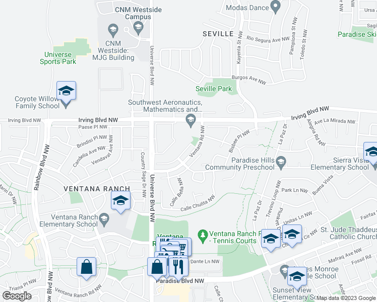 map of restaurants, bars, coffee shops, grocery stores, and more near 6420 Los Pueblos Place Northwest in Albuquerque