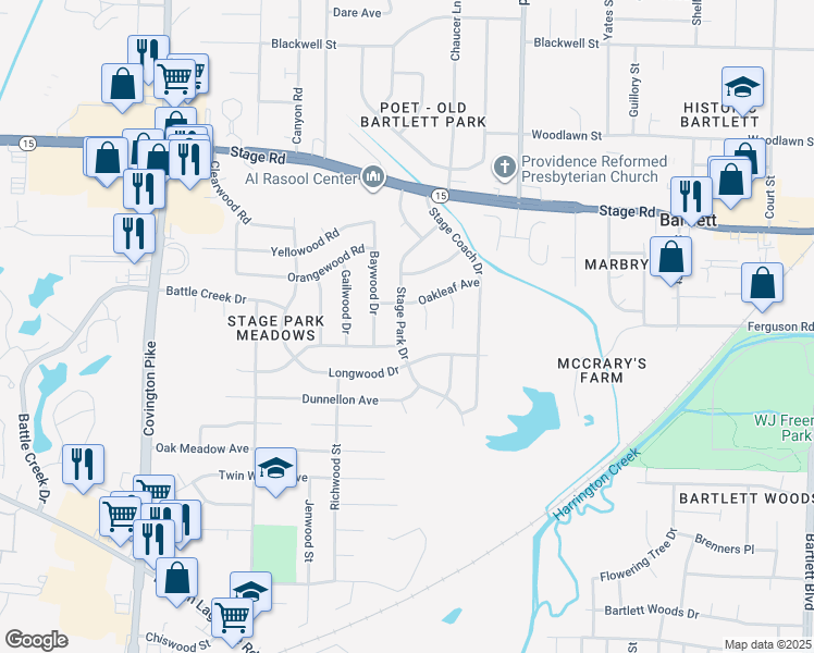 map of restaurants, bars, coffee shops, grocery stores, and more near 2766 Stage Park Drive in Memphis