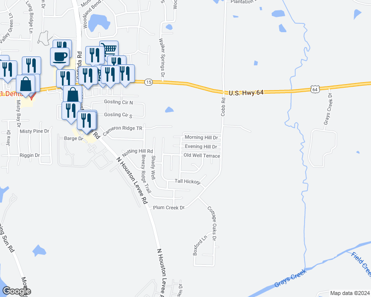 map of restaurants, bars, coffee shops, grocery stores, and more near 10177 Evening Hill Drive in Memphis