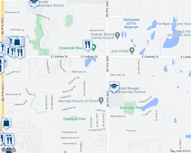 map of restaurants, bars, coffee shops, grocery stores, and more near 1328 Glen Oaks Court in Norman
