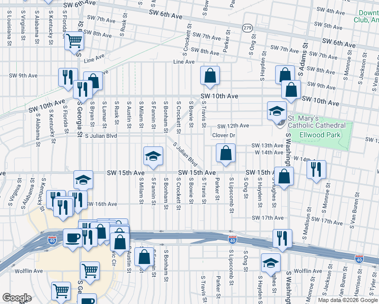 map of restaurants, bars, coffee shops, grocery stores, and more near 1229 South Crockett Street in Amarillo