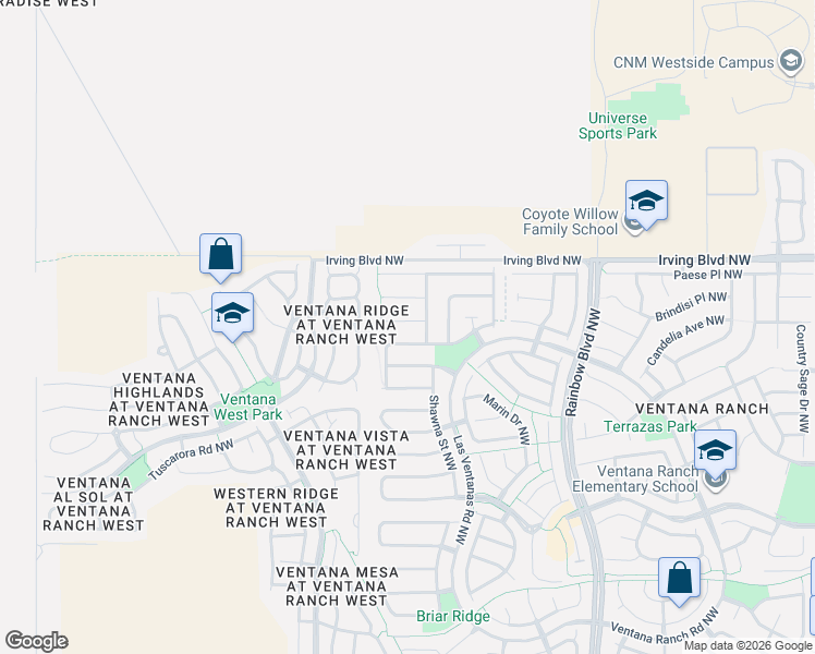 map of restaurants, bars, coffee shops, grocery stores, and more near 7716 Snowy Owl Drive Northwest in Albuquerque