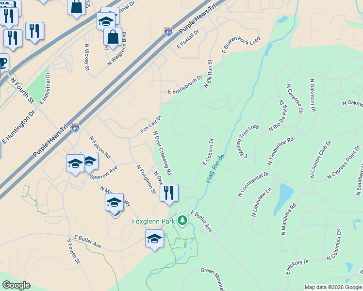 map of restaurants, bars, coffee shops, grocery stores, and more near 4040 East Fallen Oak Way in Flagstaff