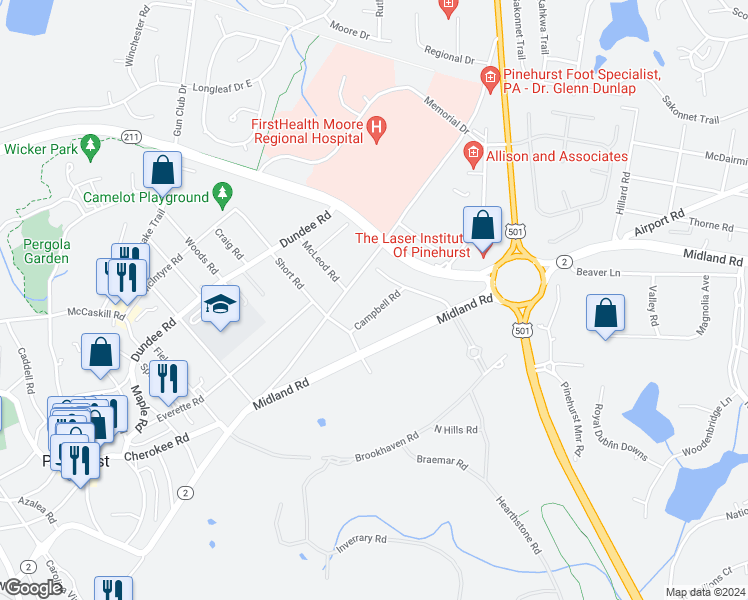 map of restaurants, bars, coffee shops, grocery stores, and more near 30 Campbell Road in Pinehurst