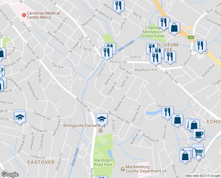 map of restaurants, bars, coffee shops, grocery stores, and more near in Charlotte