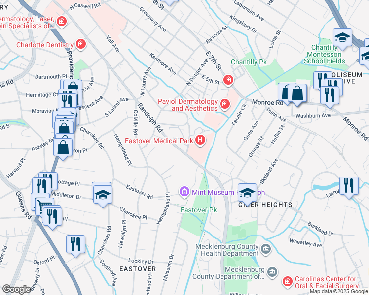 map of restaurants, bars, coffee shops, grocery stores, and more near 2711 Randolph Road in Charlotte