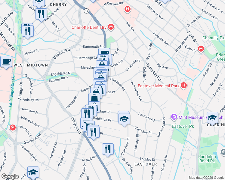 map of restaurants, bars, coffee shops, grocery stores, and more near in Charlotte