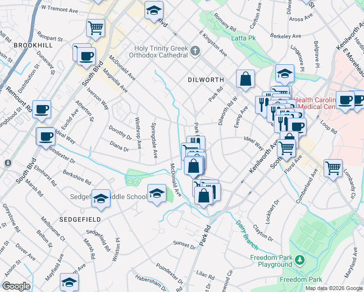 map of restaurants, bars, coffee shops, grocery stores, and more near 845 Ideal Way in Charlotte
