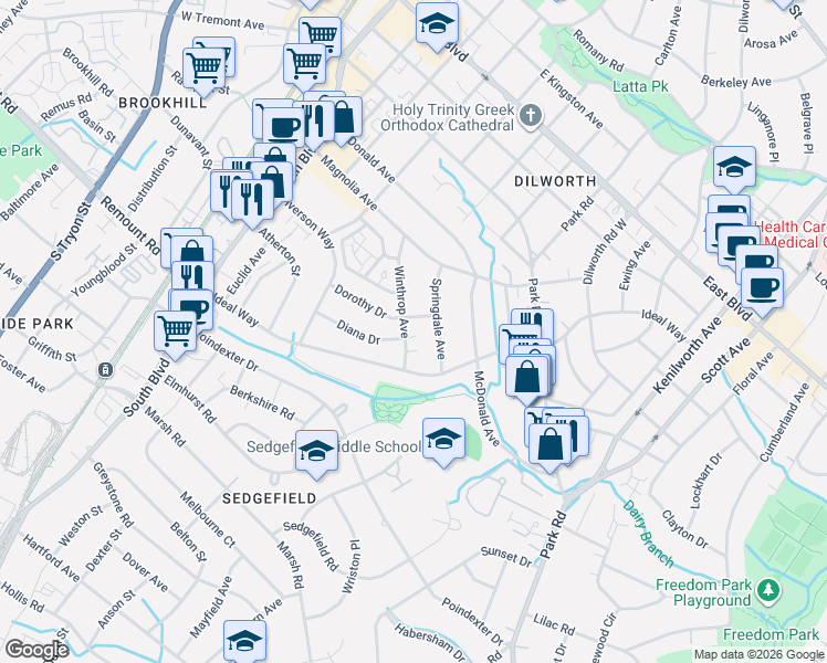 map of restaurants, bars, coffee shops, grocery stores, and more near 2316 Winthrop Avenue in Charlotte