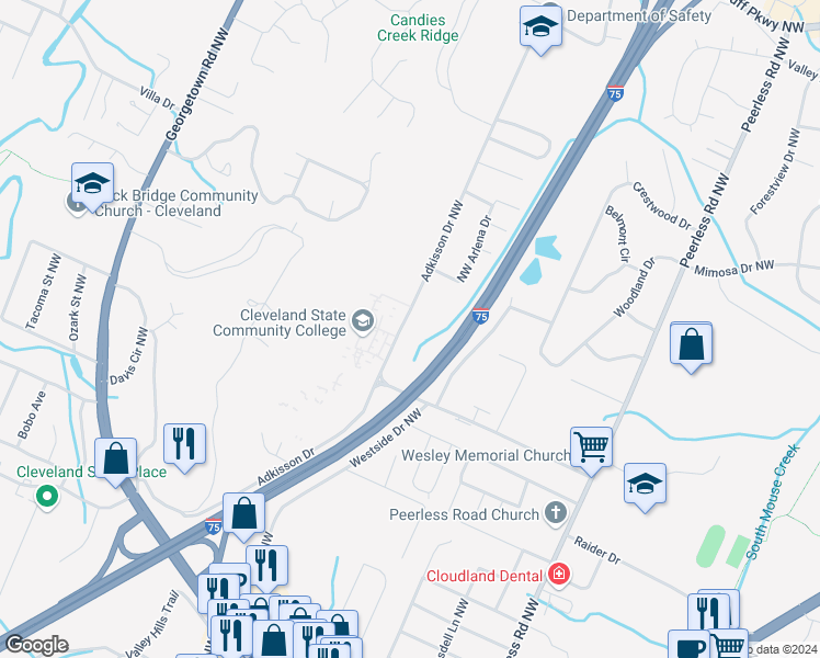 map of restaurants, bars, coffee shops, grocery stores, and more near 3470 Adkisson Drive Northwest in Cleveland