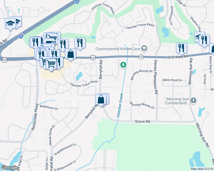 map of restaurants, bars, coffee shops, grocery stores, and more near 9265 Charly Hill Lane in Memphis