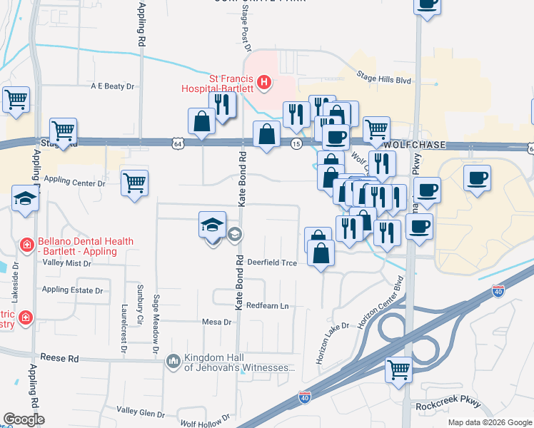 map of restaurants, bars, coffee shops, grocery stores, and more near 7873 Deer Cove in Memphis