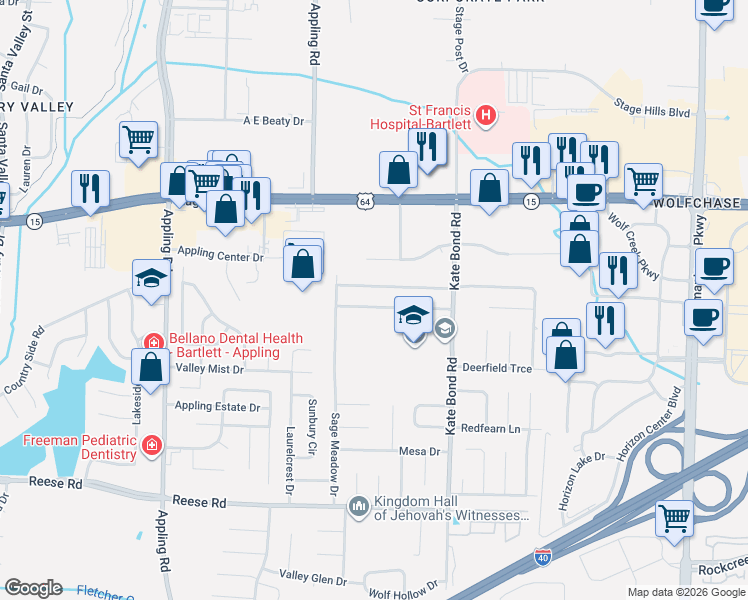map of restaurants, bars, coffee shops, grocery stores, and more near 7691 Deerfield Trce in Memphis