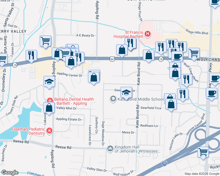 map of restaurants, bars, coffee shops, grocery stores, and more near 7691 Deerfield Trce in Memphis