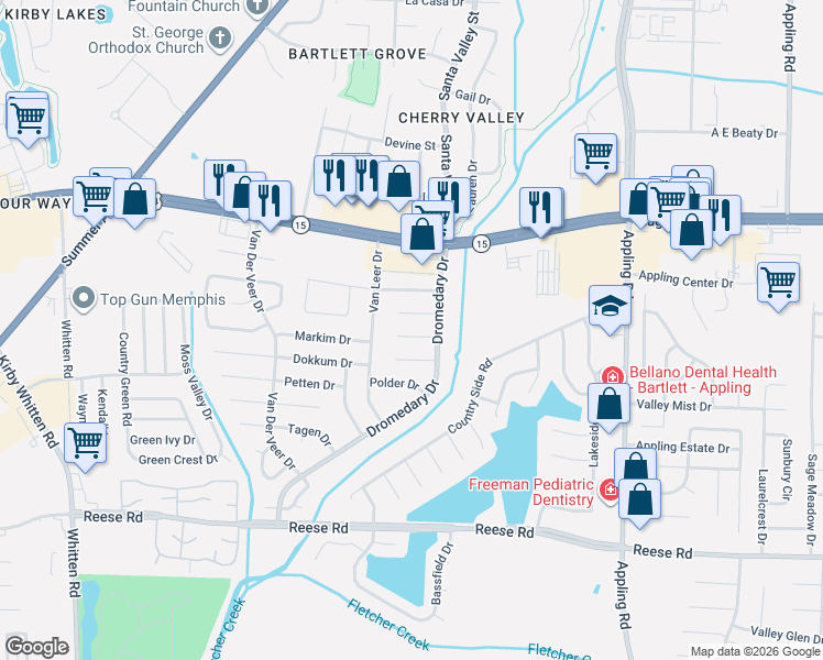 map of restaurants, bars, coffee shops, grocery stores, and more near 7204 Amstel Cove in Memphis