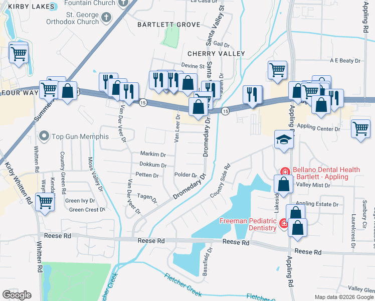 map of restaurants, bars, coffee shops, grocery stores, and more near 7204 Amstel Cove in Memphis
