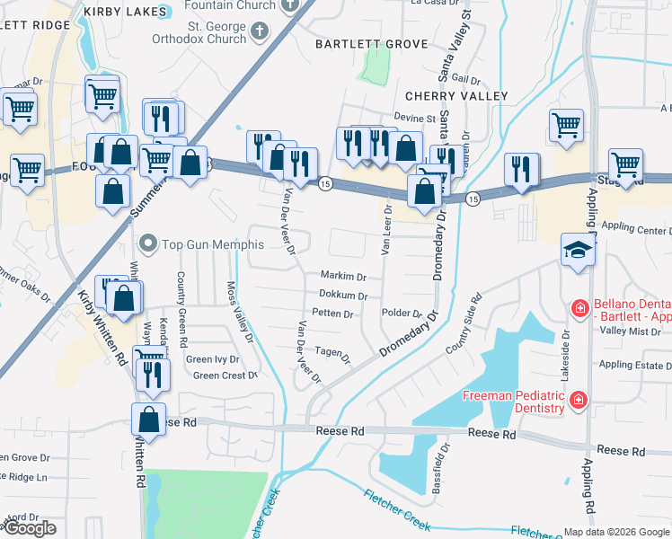 map of restaurants, bars, coffee shops, grocery stores, and more near 7064 Dokkum Drive in Memphis