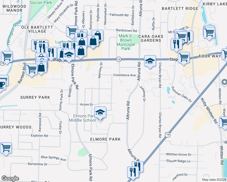 map of restaurants, bars, coffee shops, grocery stores, and more near 2742 North Star Drive in Bartlett