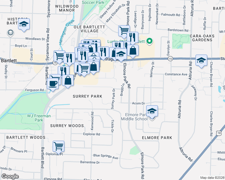 map of restaurants, bars, coffee shops, grocery stores, and more near 2744 Surrey Park Drive in Bartlett