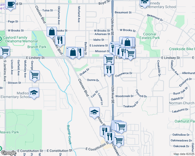 map of restaurants, bars, coffee shops, grocery stores, and more near 2246 Donna Drive in Norman