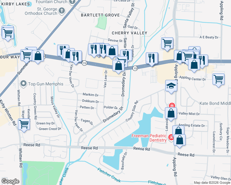 map of restaurants, bars, coffee shops, grocery stores, and more near 7204 Amstel Cove in Memphis