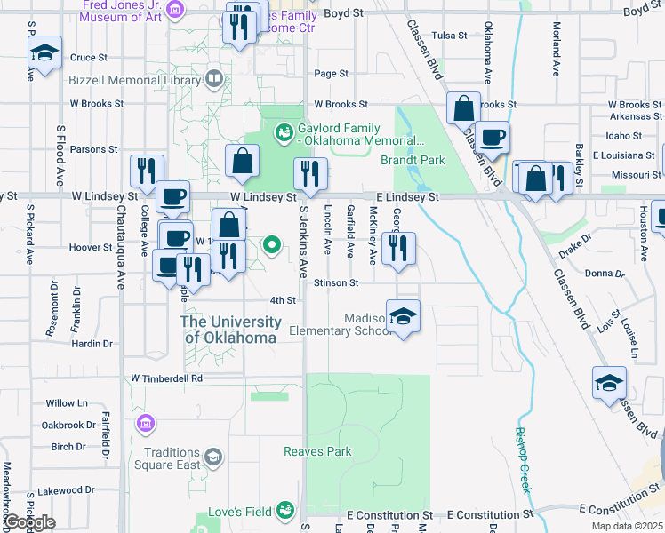 map of restaurants, bars, coffee shops, grocery stores, and more near 1411 Lincoln Avenue in Norman