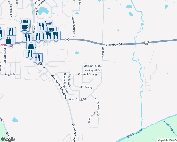 map of restaurants, bars, coffee shops, grocery stores, and more near 10197 Evening Hill Drive in Memphis