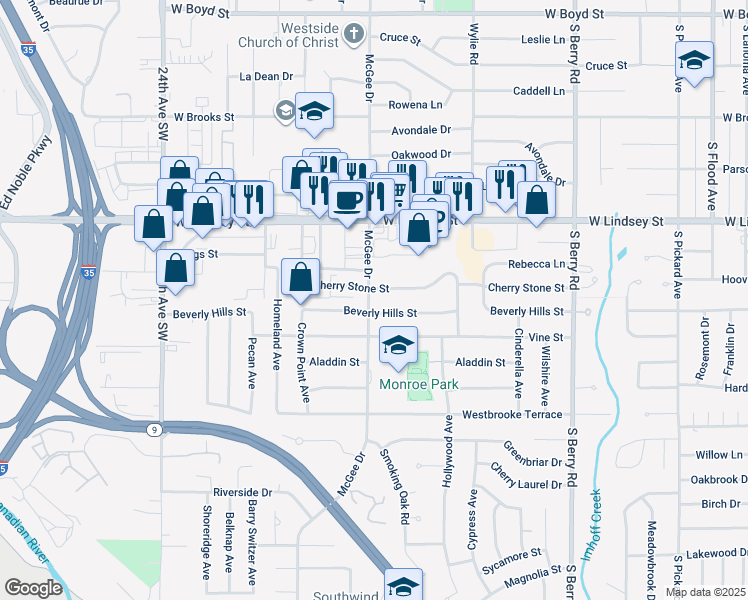 map of restaurants, bars, coffee shops, grocery stores, and more near 1405 McGee Drive in Norman