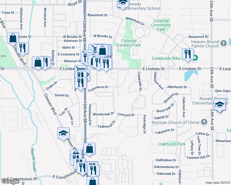 map of restaurants, bars, coffee shops, grocery stores, and more near 1415 Concord Drive in Norman