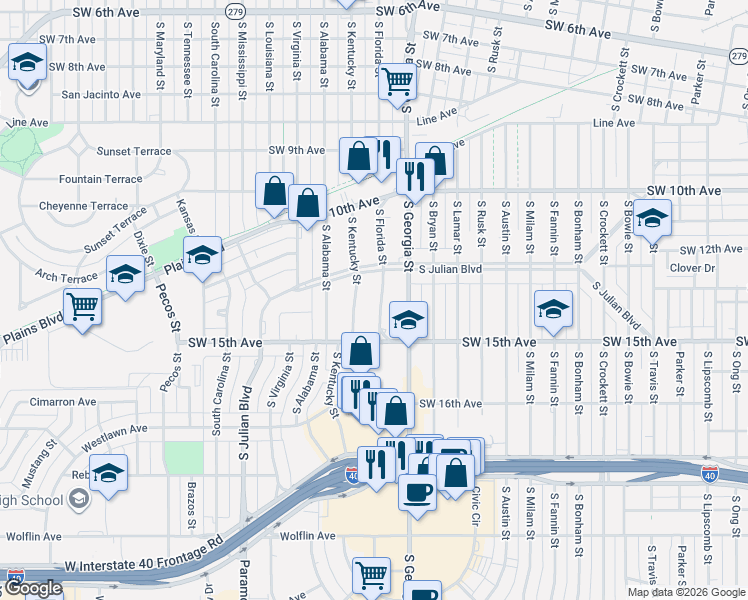 map of restaurants, bars, coffee shops, grocery stores, and more near 1214 South Florida Street in Amarillo
