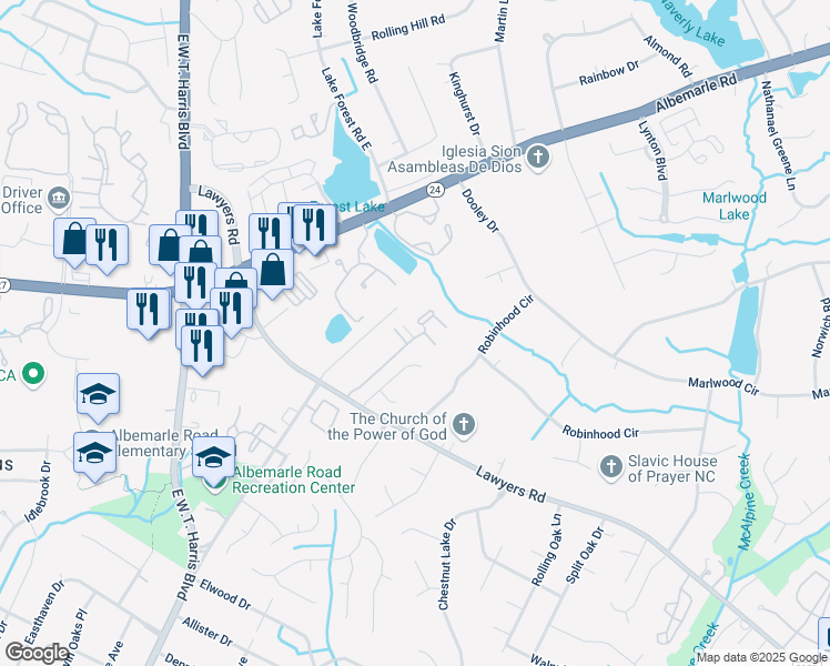 map of restaurants, bars, coffee shops, grocery stores, and more near 7107 Stonington Lane in Charlotte