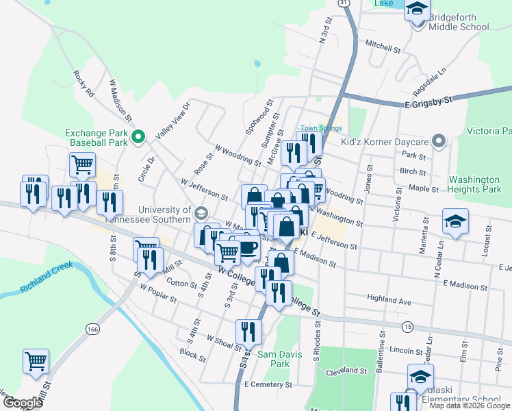 map of restaurants, bars, coffee shops, grocery stores, and more near 122 North 3rd Street in Pulaski
