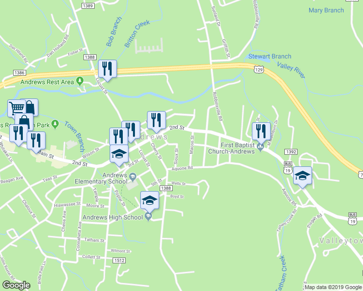 map of restaurants, bars, coffee shops, grocery stores, and more near 114 Sioux Street in Andrews