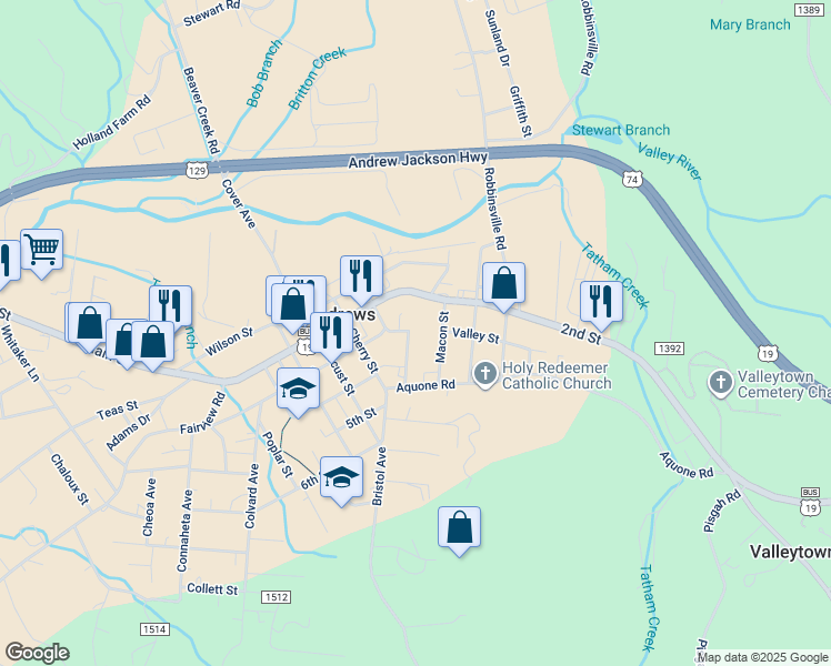 map of restaurants, bars, coffee shops, grocery stores, and more near 114 Sioux Street in Andrews