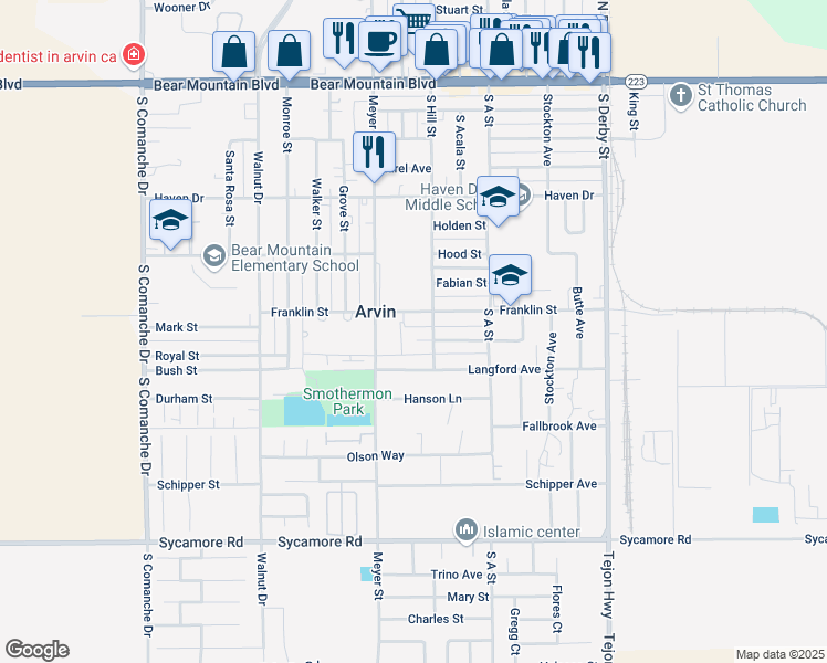 map of restaurants, bars, coffee shops, grocery stores, and more near 617 Combs Avenue in Arvin